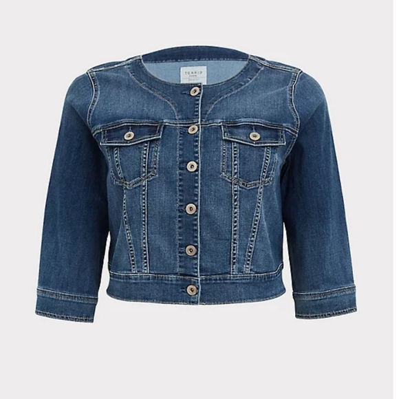 torrid Jackets & Blazers - CROP COLLARLESS DENIM JACKET - MEDIUM WASH